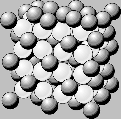 Рис. 2. СТРУКТУРА ФЛЮОРИТА, CaF2. Ионов фтора (серые шары) вдвое больше, чем ионов кальция (черные шары).