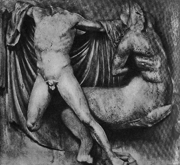42. Метопа Парфенона III. V в. до н. э. Мрамор. Лондон. Британский музей.