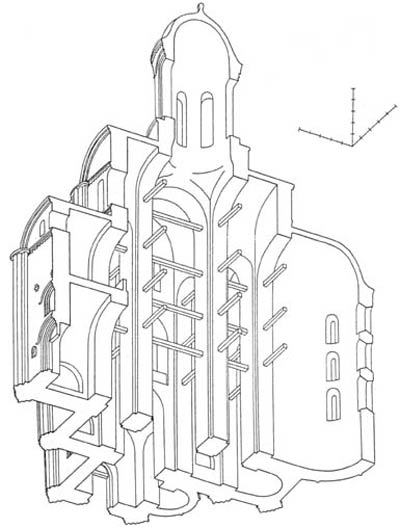 Церковь архангела Михаила в Смоленске. Аксонометрический разрез. По С.С. Подъяпольскому